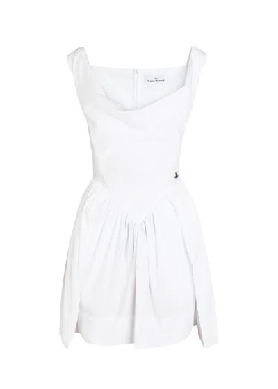 Vivienne Westwood Draped Midi Dress With Fitted Bodice And Gathered Skirt In White