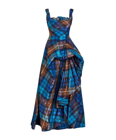 Vivienne Westwood Long Chichi Tartan Gathered Woven Gown In Blue