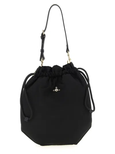 Vivienne Westwood Moiré Viscose Drawstring Bucket Bag In Black