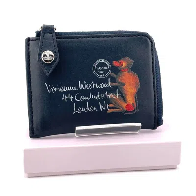 Pre-owned Vivienne Westwood Monkey Orb Postcard Leather Zip Wallet In Black