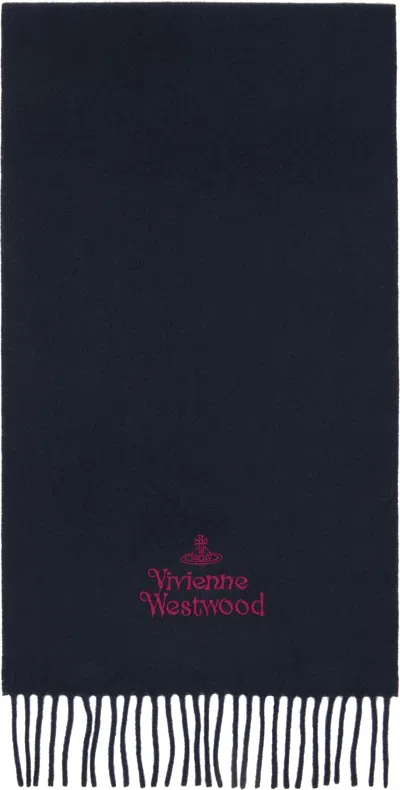 Vivienne Westwood Unisex Embroidered Navy Blue Wool Scarf In Navy Fabric