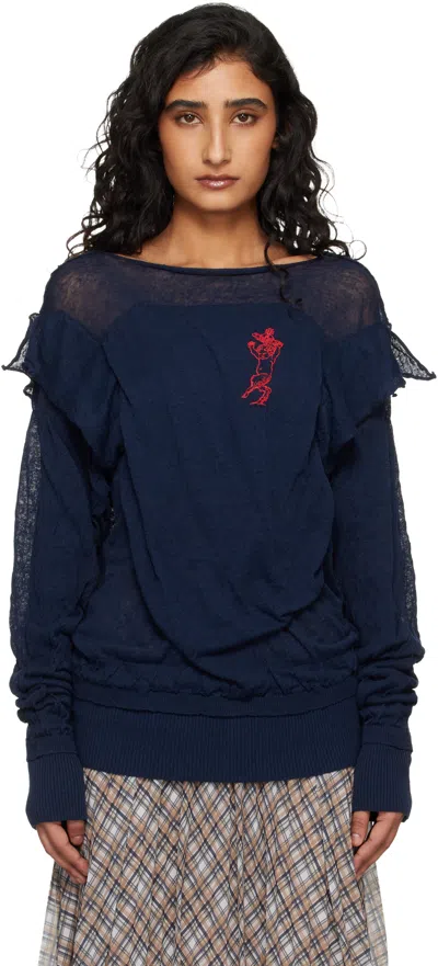 Vivienne Westwood Navy Linen Cotton Blend Crinkled Sweater In Blue