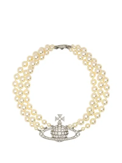 Vivienne Westwood Necklace Three Row Pearl Bas Relief In Metallic