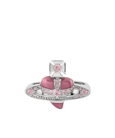 Vivienne Westwood New Diamante Heart Ring Platinum-vintage-rose-crystal-light-rose-enamel Platinum-vintage-rose-crysta In Multi