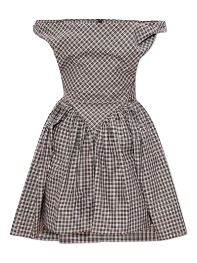 Vivienne Westwood Off-shoulder Checked Dress In Gray
