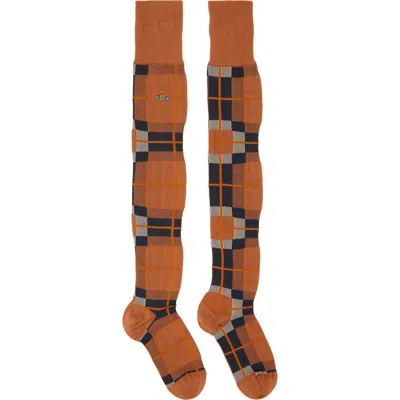 Vivienne Westwood Orange Locharron Over The Knee Socks In D409 Tobacco