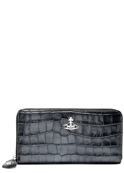 Vivienne Westwood Orb Crocodile-effect Leather Wallet In Anthracite