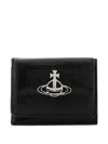 Vivienne Westwood Compact Black Leather Wallet With Silver Metal Emblem In Black