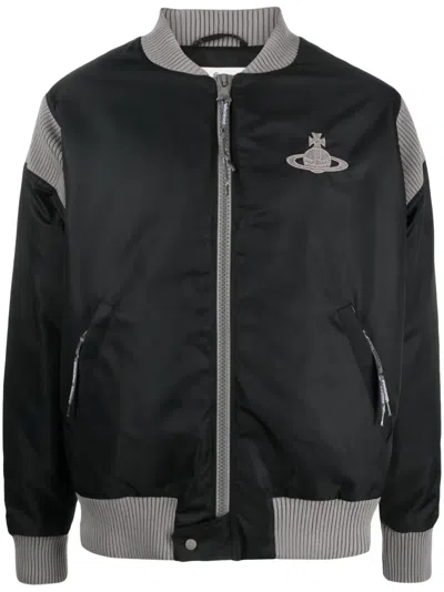 Vivienne Westwood Stripped Cyclist Bomber Coat With Contrasting Lining And Ribbed Details In Black