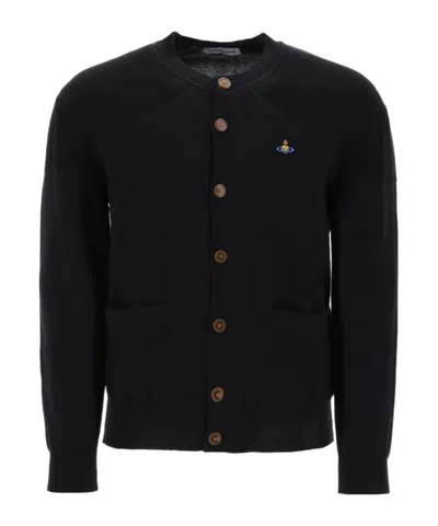 Vivienne Westwood Black V Neck Cardigan With Orb Embroidery In Cotton And Cashmere