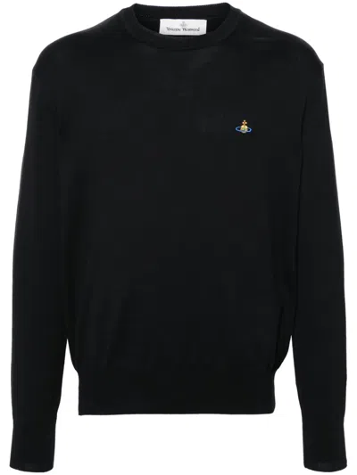 Vivienne Westwood Crewneck Sweater With Embroidered Emblem And Ribbed Details In Black