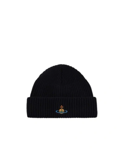Vivienne Westwood Orb-embroidered Ribbed Wool Beanie In Black