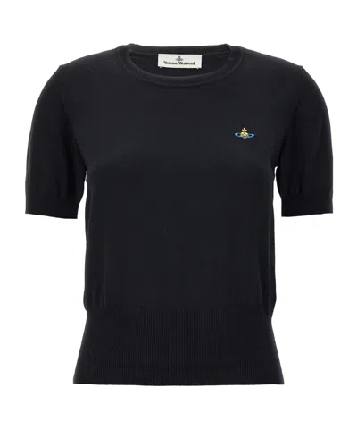 Vivienne Westwood Fitted Short Puff Sleeve Sweater With Embroidered Emblem In Black