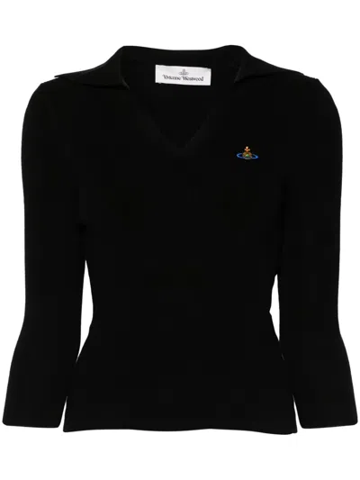 Vivienne Westwood Fitted Deep V-neck Sweater With Ribbed Texture In Black