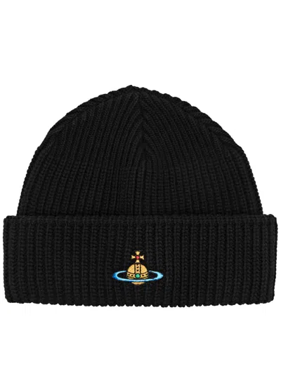 Vivienne Westwood Orb-embroidered Ribbed Wool Beanie In Black