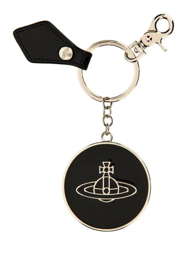 Vivienne Westwood Leather "orb" Keychain In Black