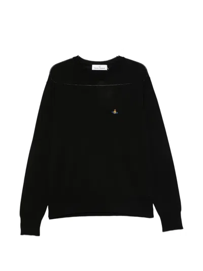 Vivienne Westwood Crewneck Sweater With Embroidered Emblem And Ribbed Details In Black