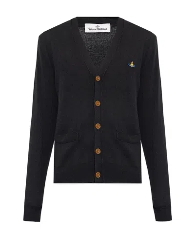 Vivienne Westwood Black V Neck Cardigan With Orb Embroidery In Cotton And Cashmere