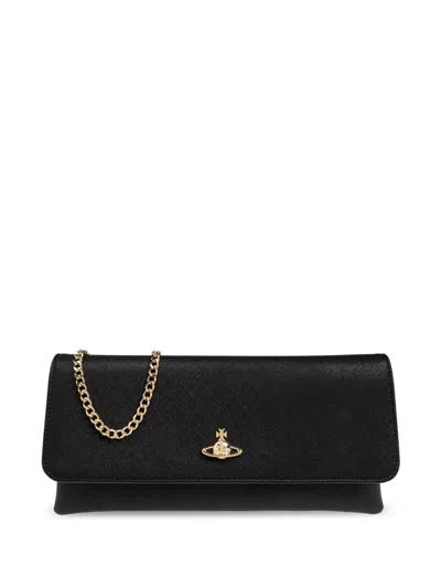 Vivienne Westwood Womens Black 3d Orb Flap-closure Leather Clutch Bag
