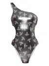 Vivienne Westwood Black One-shoulder Swimsuit With All-over Orb Print And Cut-out Detail In Tech Fabric Stretch Woman In Silver