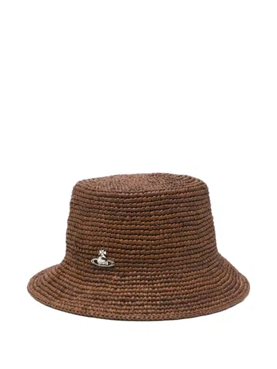 Vivienne Westwood Orb Raffia Bucket Hat In Brown
