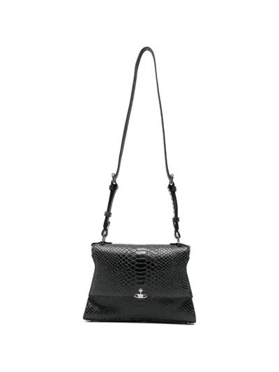 Vivienne Westwood Dark Grey Snakeskin Textured Foldover Bag In Black