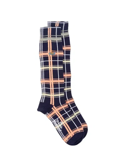 Vivienne Westwood Orb-embroidered Check-pattern Socks In Blue