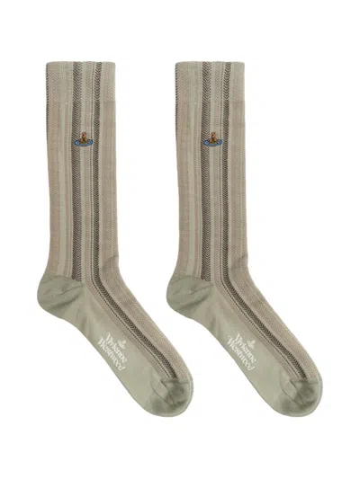 Vivienne Westwood Orb-embroidered Herringbone-patterned Socks In Green