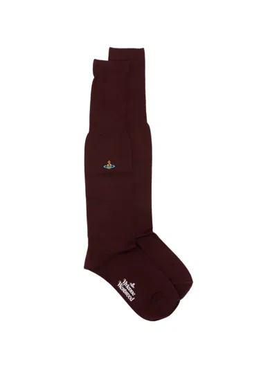 Vivienne Westwood Orb-embroidered Logo-print High Socks In Burgundy