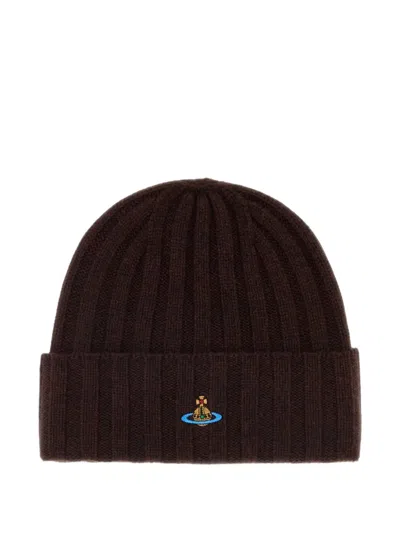 Vivienne Westwood Orb-embroidered Ribbed-knit Beanie Hat In Brown