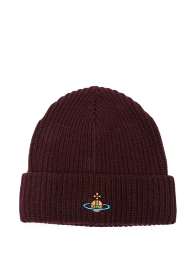 Vivienne Westwood Orb-embroidered Ribbed-knit Beanie Hat In Brown