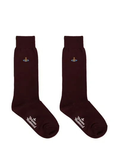 Vivienne Westwood Orb-embroidered Ribbed-trim Socks In Burgundy