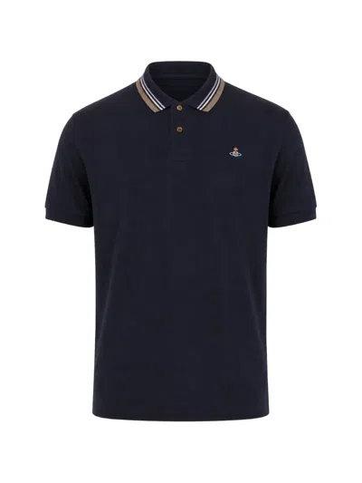 Vivienne Westwood Orb-embroidered Striped-collar Polo Shirt In Black