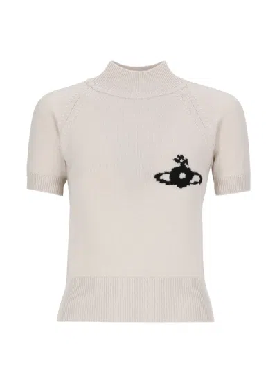 Vivienne Westwood Wool High Neck Short Sleeve Ribbed Sweater In White