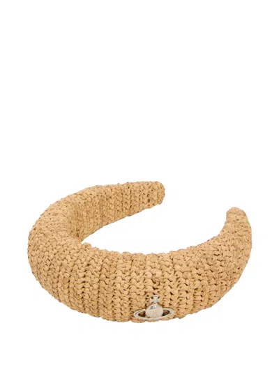 Vivienne Westwood Orb-plaque Woven Raffia Headband In Neutral