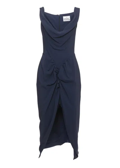 Vivienne Westwood Panther Dress With Front Drape Detail And Vent In Blue