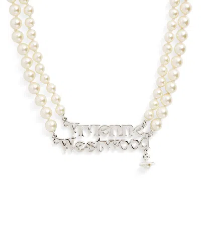 Vivienne Westwood Pearl Emilio Logo Necklace In Silver