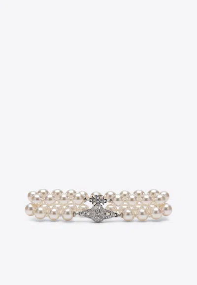 Vivienne Westwood Pearls And Orb Logo Double Bracelet In Metallic