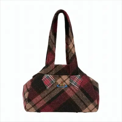 Vivienne Westwood Plaid Wool Shoulder Bag With Embroidered Emblem In White