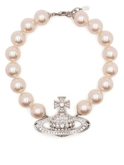 Vivienne Westwood Orb-plaque Pearl Necklace In Platinum/creamrose/crystal