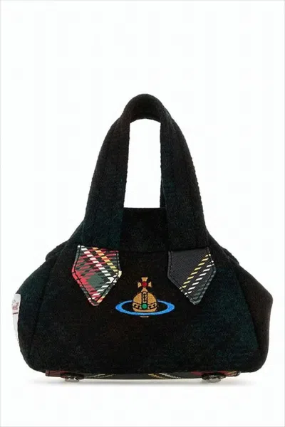 Vivienne Westwood Plush Wool Shoulder Bag With Embroidered Emblem In Black