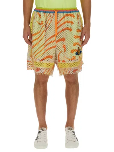 Vivienne Westwood Print Mesh Shorts With Fringed Hem