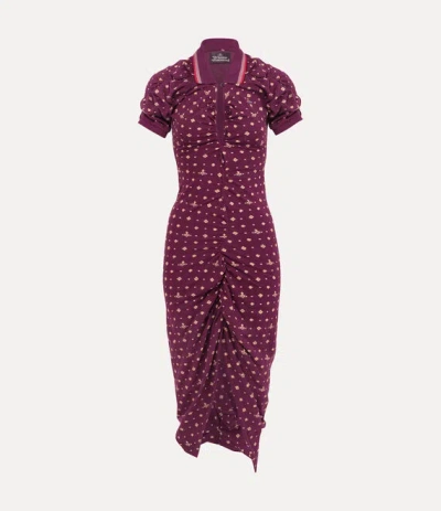 Vivienne Westwood Floral Ruched Dress Asymmetric Hem Short Sleeves In Burgundy