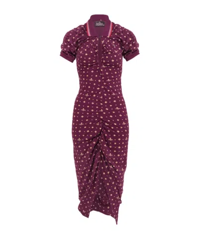 Vivienne Westwood Floral Ruched Dress Asymmetric Hem Short Sleeves In Burgundy