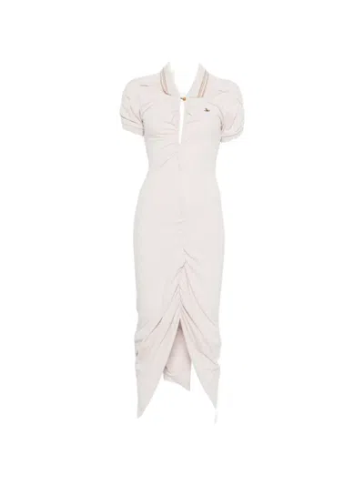Vivienne Westwood Ruched Midi Dress With Asymmetrical Hem And Puff Sleeves In White