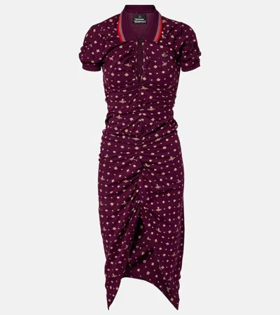 Vivienne Westwood Floral Ruched Dress Asymmetric Hem Short Sleeves In Burgundy