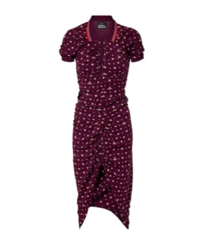 Vivienne Westwood Floral Ruched Dress Asymmetric Hem Short Sleeves In Burgundy
