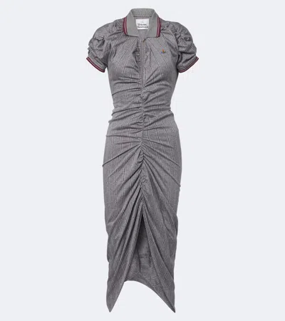 Vivienne Westwood Logo-embroidered Striped Gathered Cotton Jersey Midi Dress In Gray