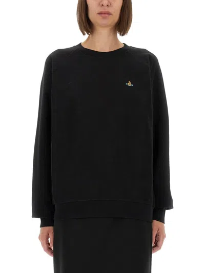 VIVIENNE WESTWOOD RAGLAN SLEEVE BLACK SWEATSHIRT WITH EMBROIDERED DETAIL