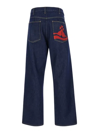 VIVIENNE WESTWOOD RANCH BLUE WIDE JEANS WITH ORB PATCH IN COTTON DENIM MAN